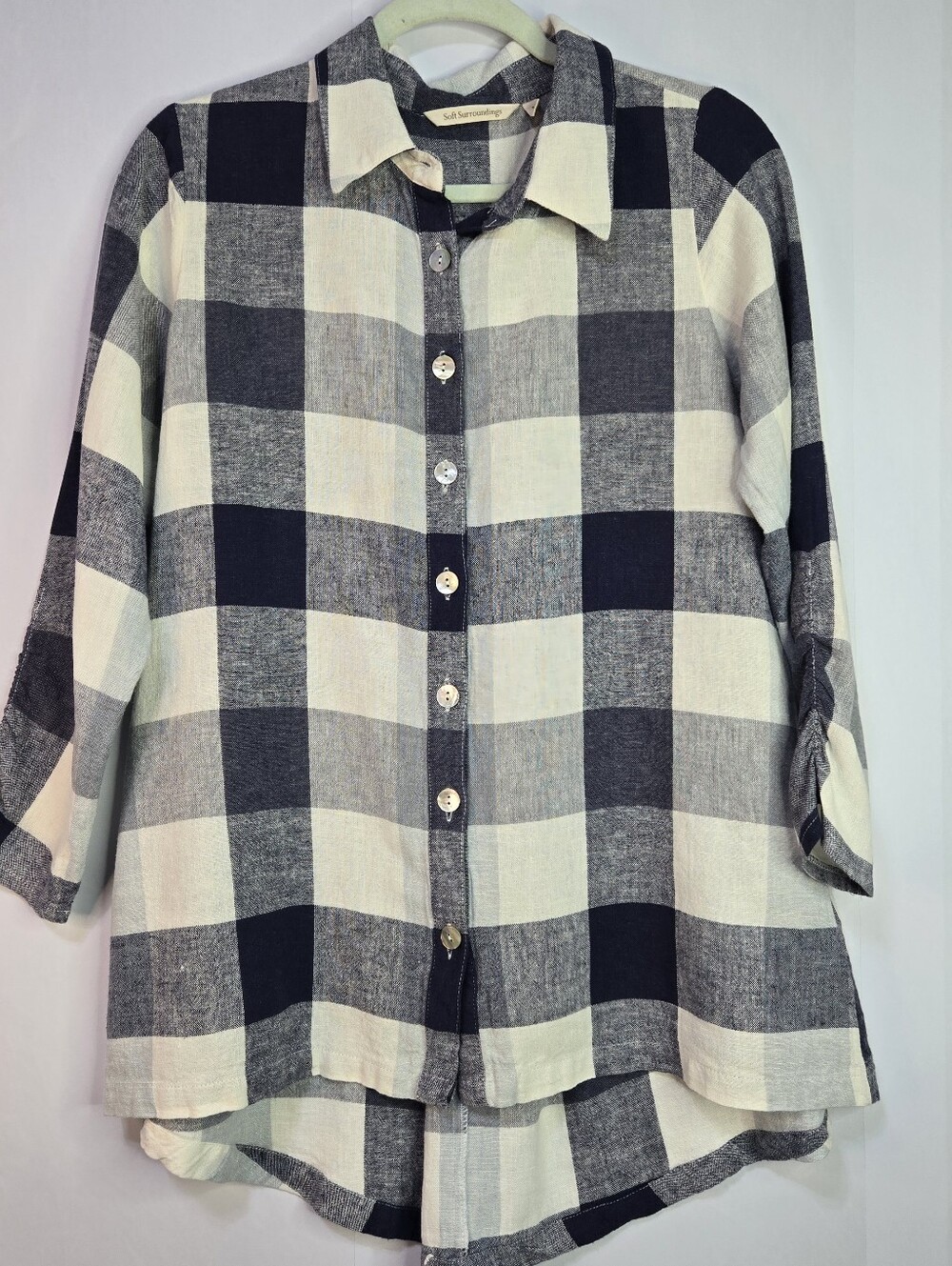 Soft Surroundings Sz S Blk/White Buffalo Check Button-Up Shirt, Silver Zip back
